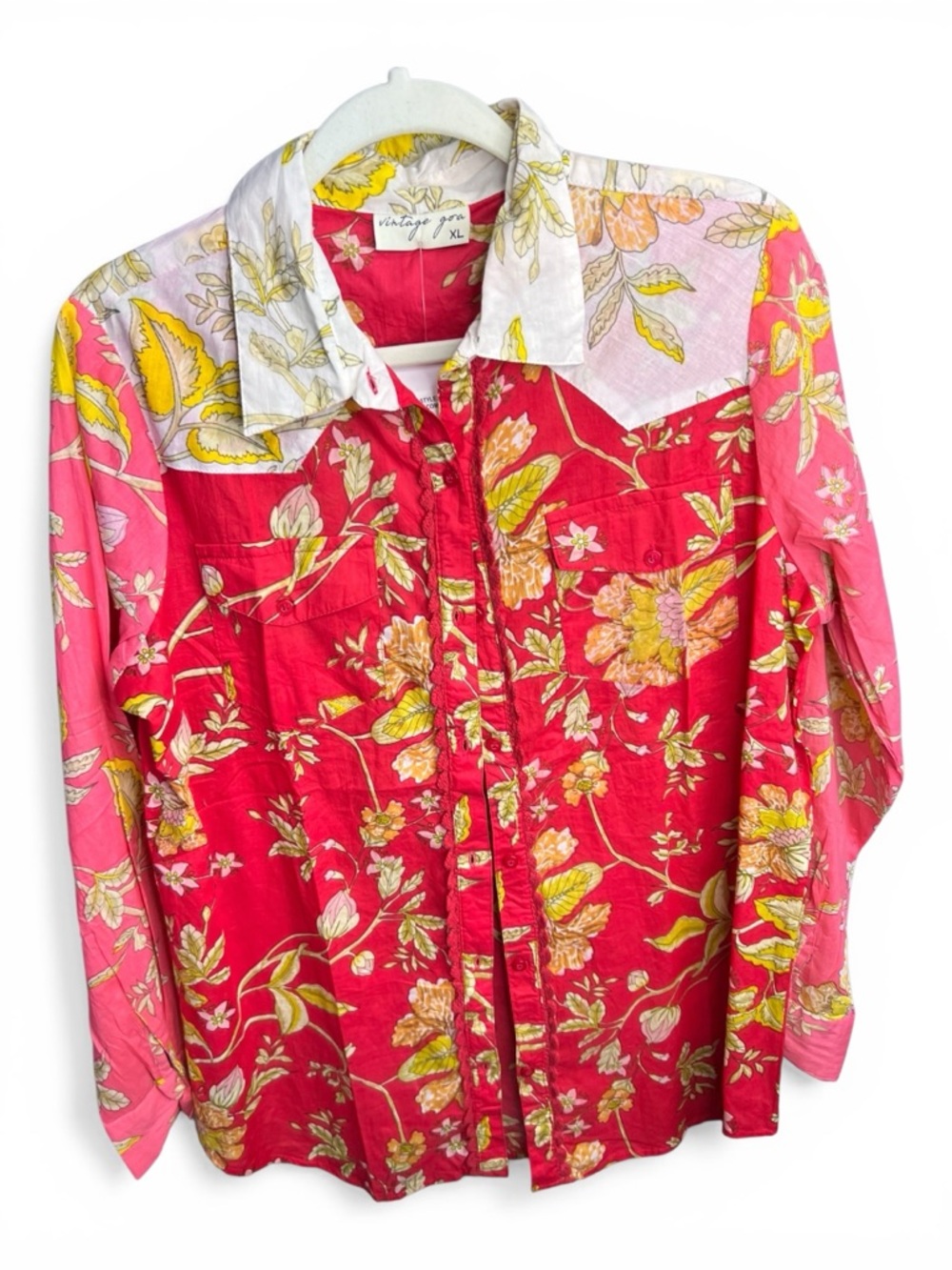 Vintage Red Pink Floral Button-Up Blouse